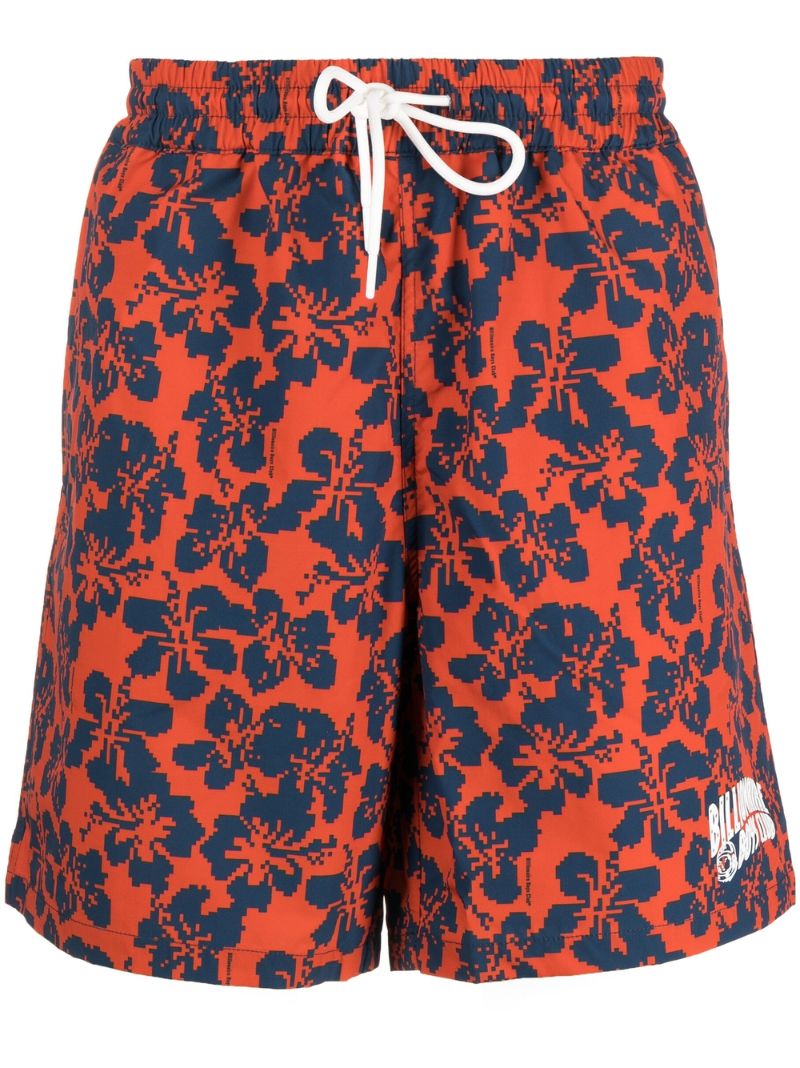 Red Hibiscus Camo Print Swim Shorts