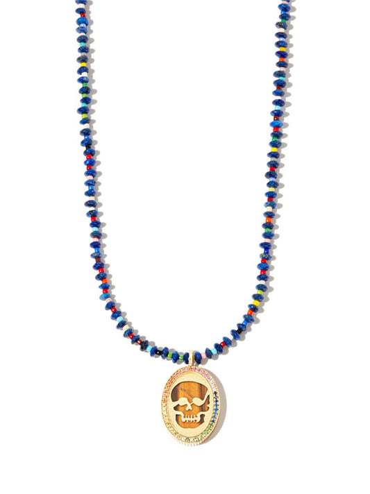 14k Yellow Gold Sapphire Skull Beaded Necklace