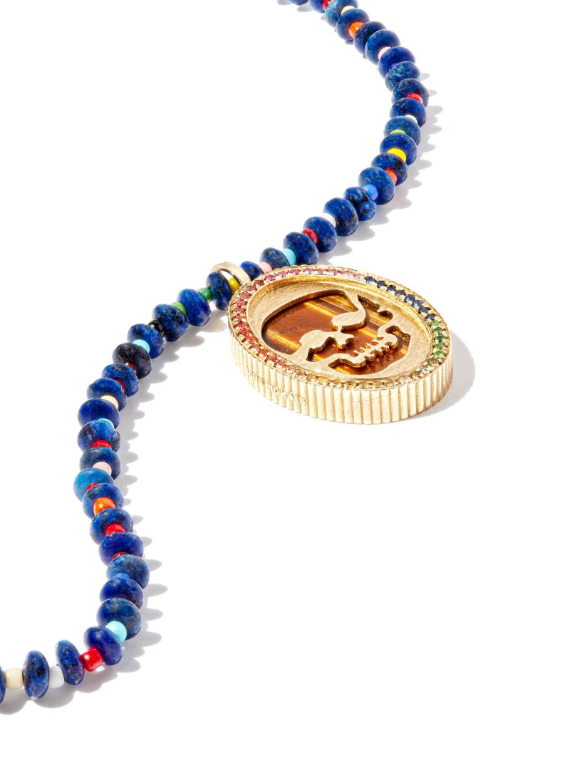 14k Yellow Gold Sapphire Skull Beaded Necklace