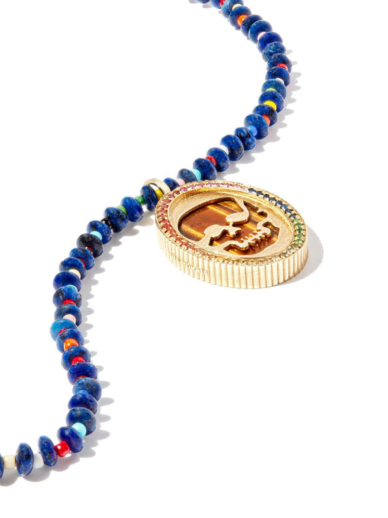 14k Yellow Gold Sapphire Skull Beaded Necklace