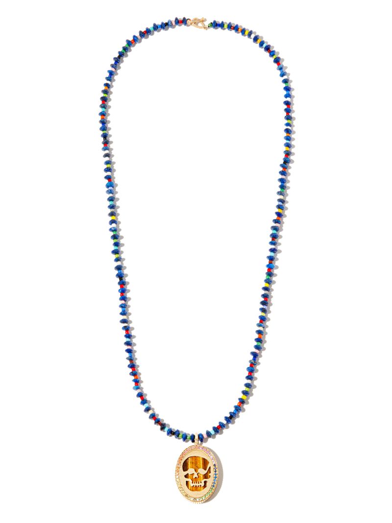 14k Yellow Gold Sapphire Skull Beaded Necklace