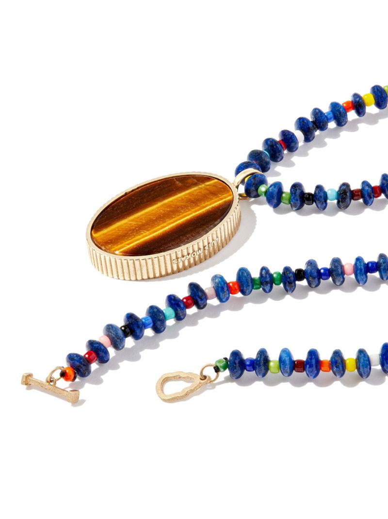 14k Yellow Gold Sapphire Skull Beaded Necklace