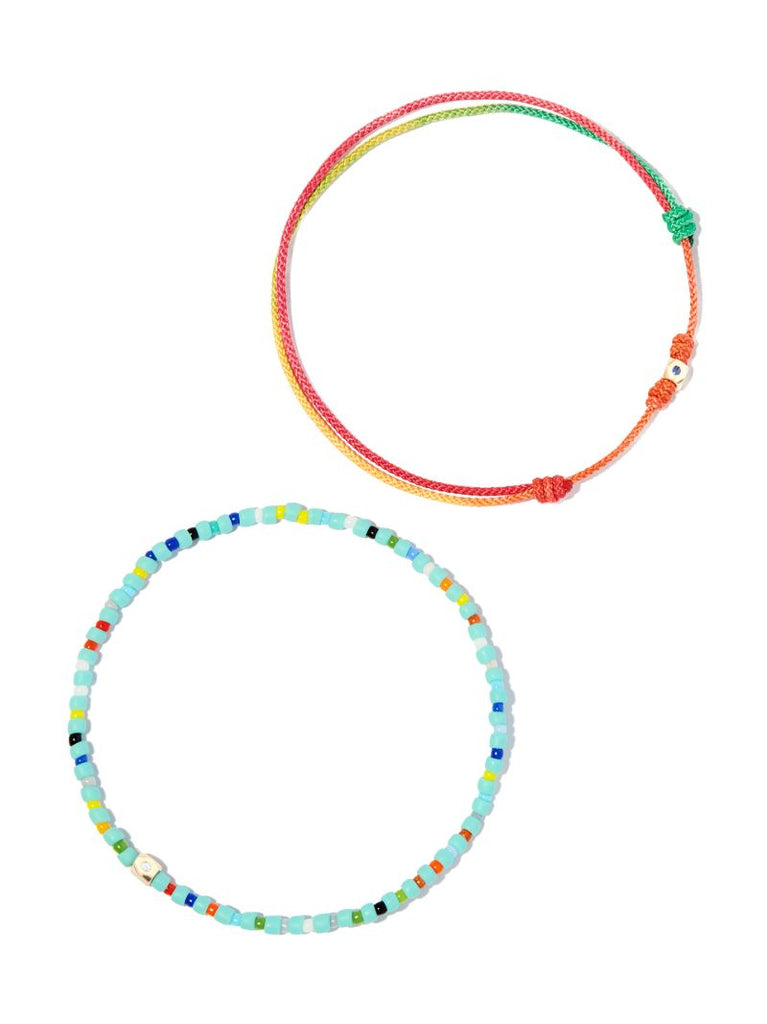 14k Yellow Gold Beaded and Cord Bracelet Set