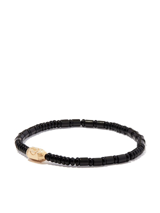 14k Yellow Gold Ribbed Hexagon Hamsa Bolt Beaded Bracelet