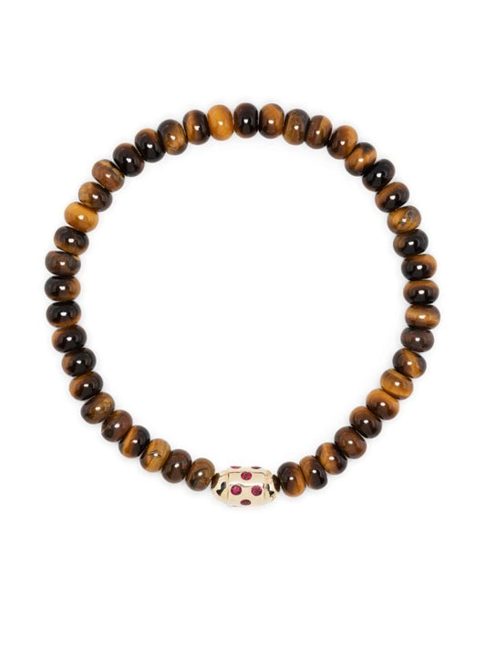 14k Yellow Gold Round Bolt Tiger's Eye and Ruby Bracelet