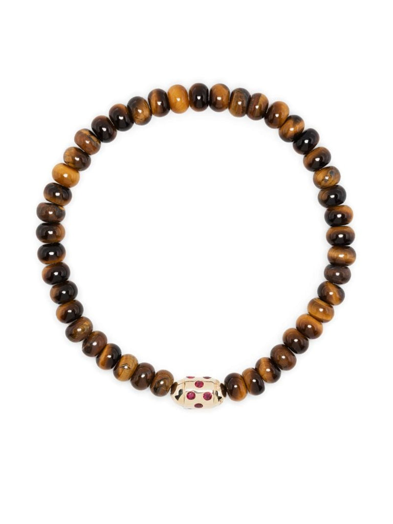 14k Yellow Gold Round Bolt Tiger's Eye and Ruby Bracelet