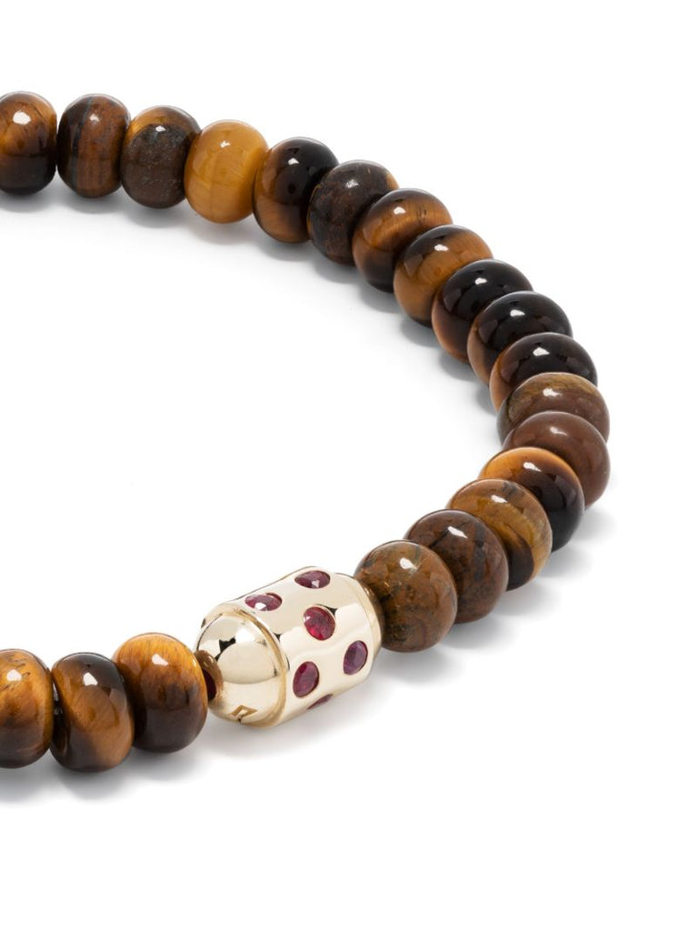 14k Yellow Gold Round Bolt Tiger's Eye and Ruby Bracelet