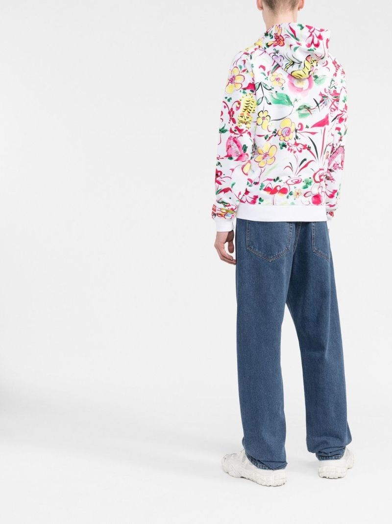 White Floral Print Cotton Hoodie