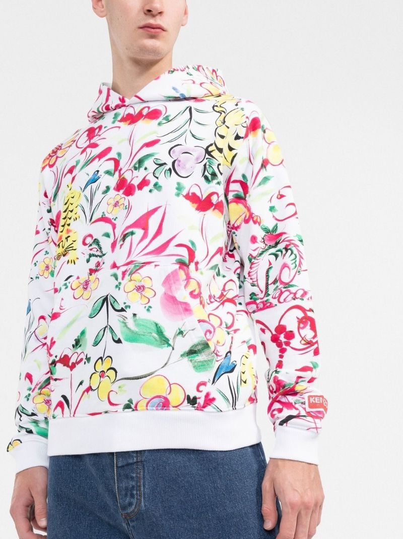 White Floral Print Cotton Hoodie
