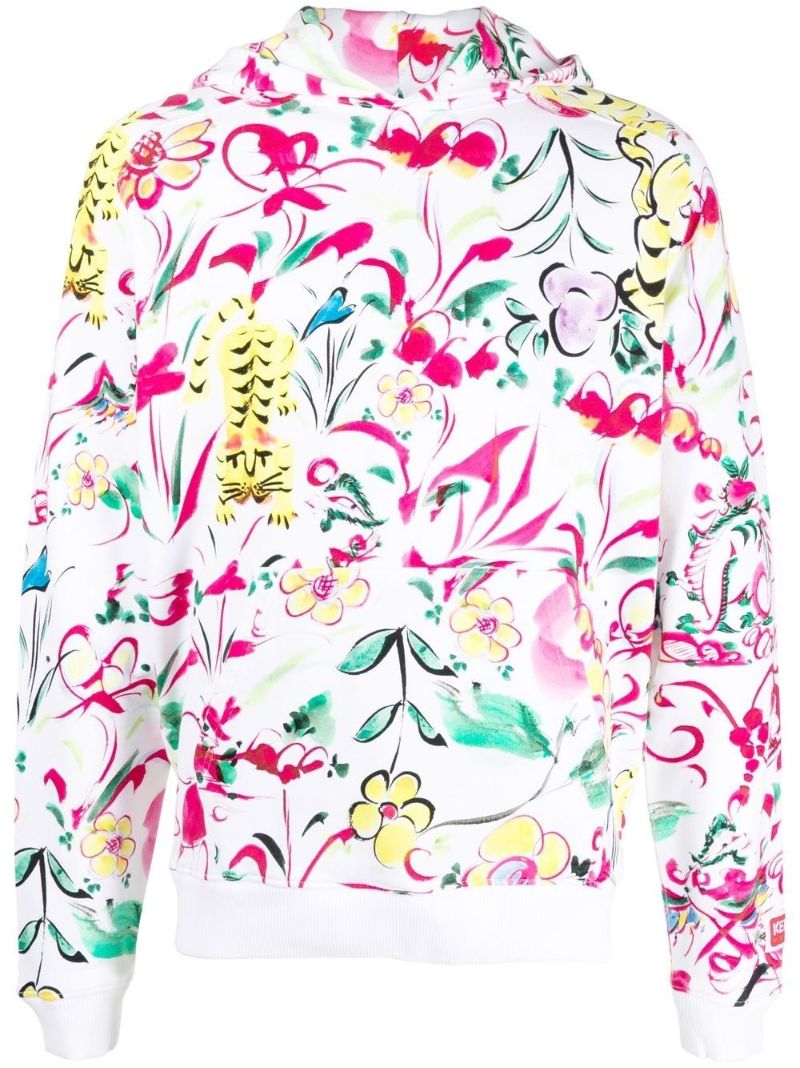 White Floral Print Cotton Hoodie