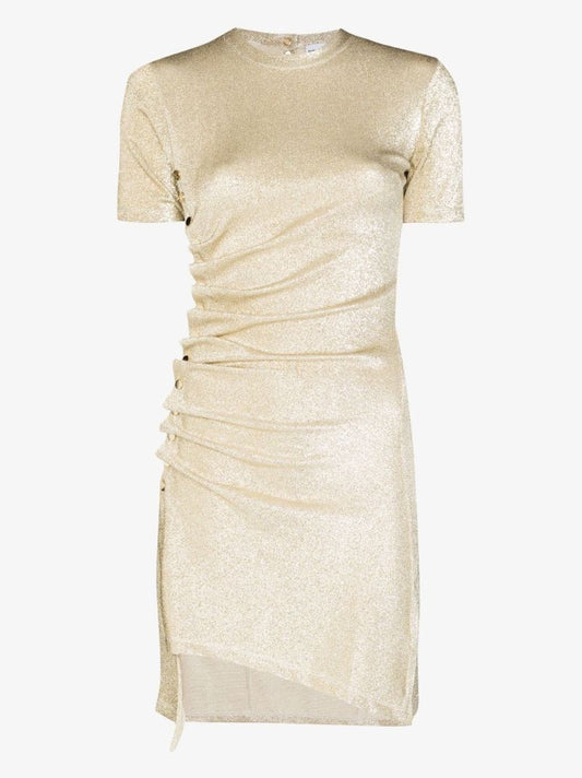 Gold Metallic Asymmetric Draped Mini Dress