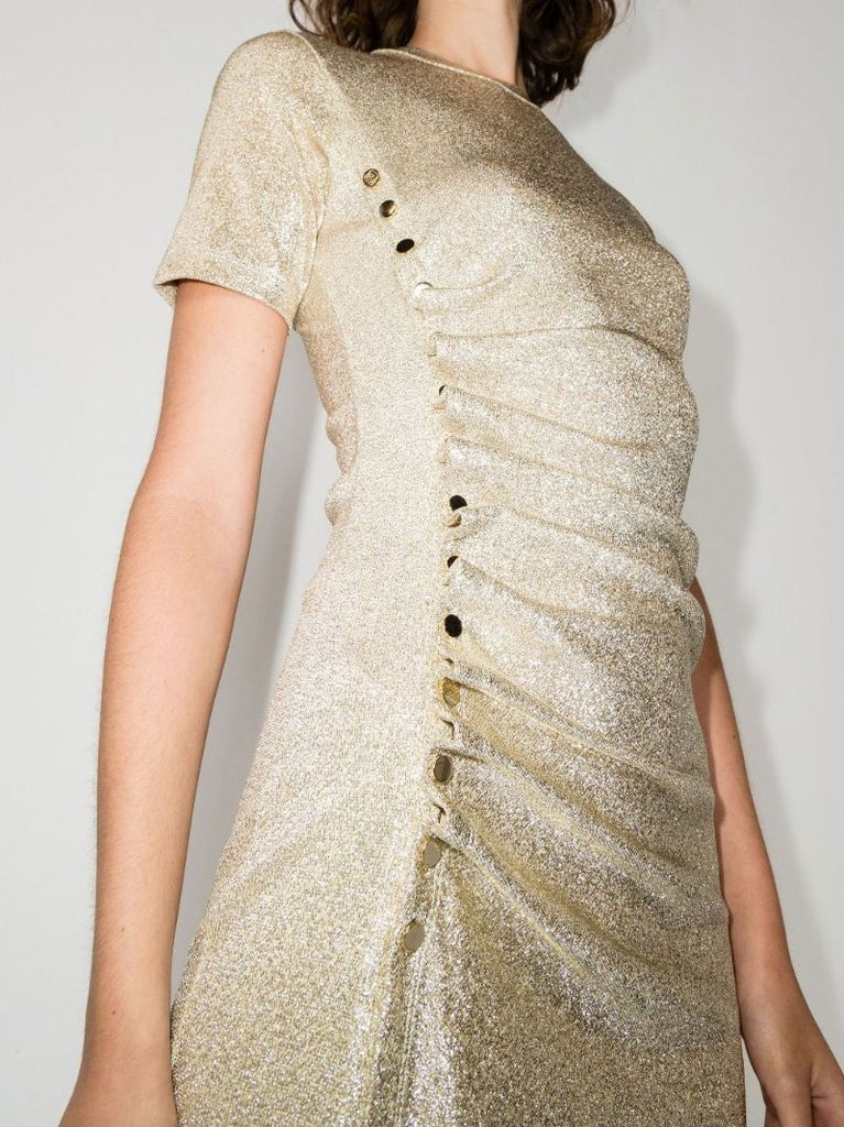 Gold Metallic Asymmetric Draped Mini Dress