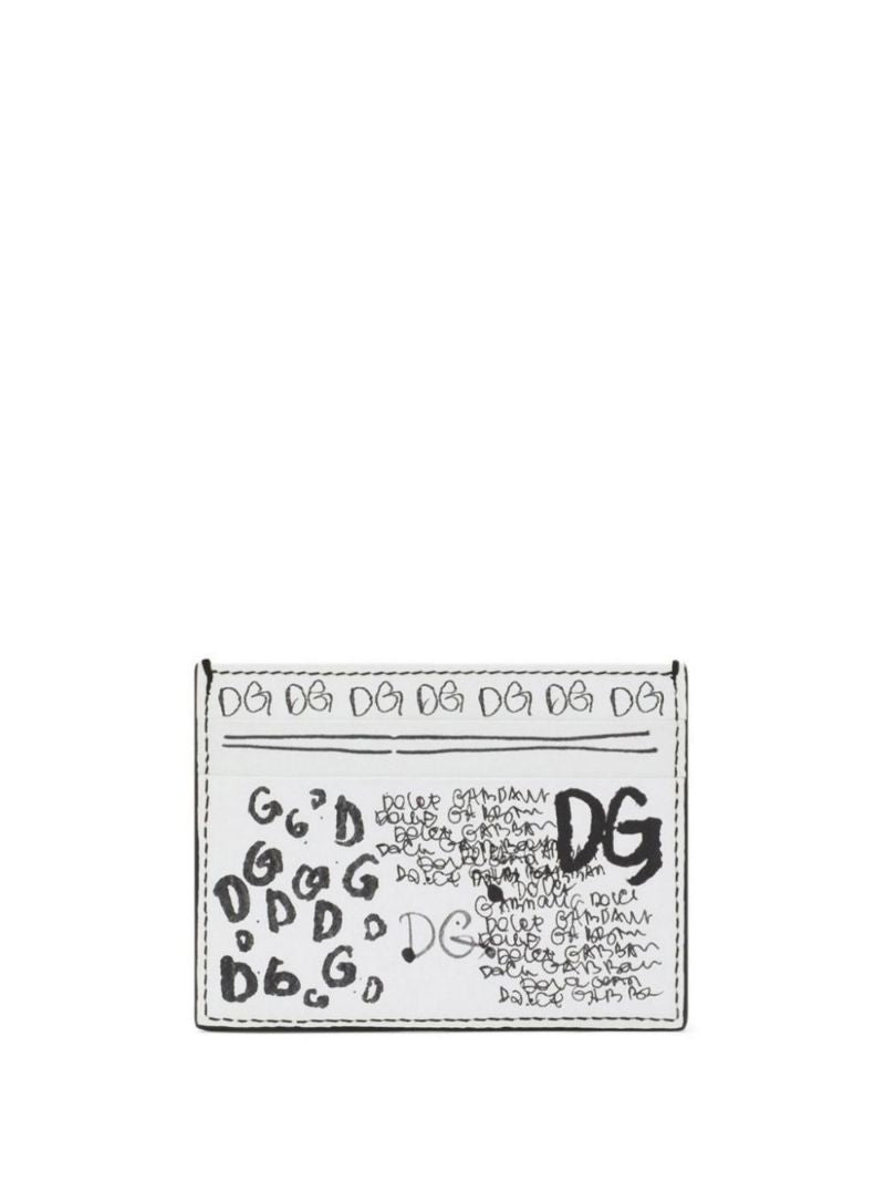 White Graffiti Print Leather Card Holder