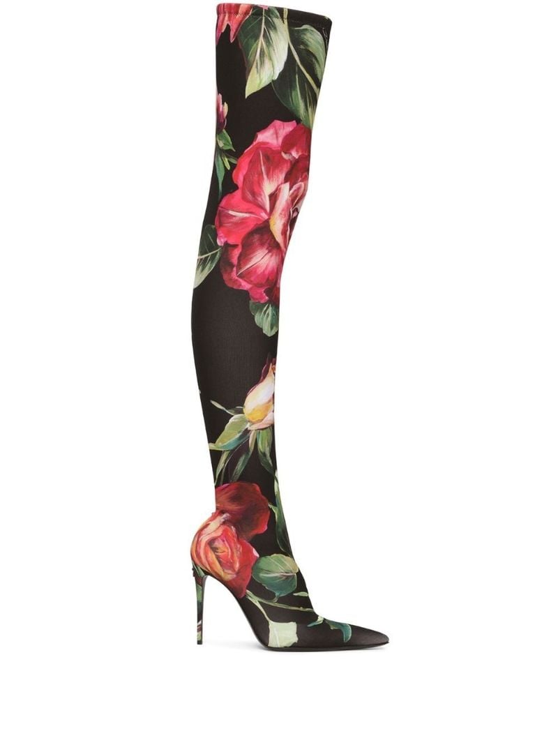 Black Floral Thigh-high Boots