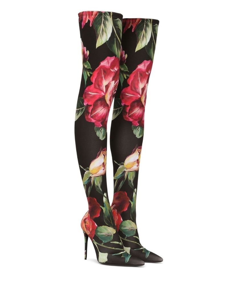 Black Floral Thigh-high Boots