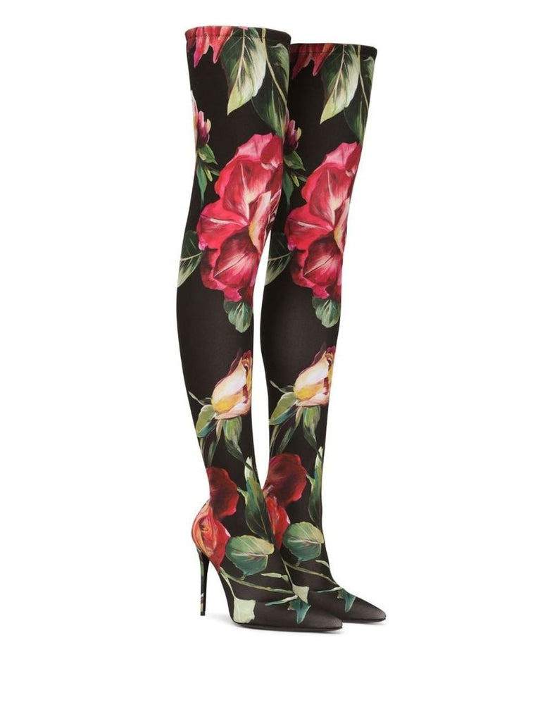Black Floral Thigh-high Boots