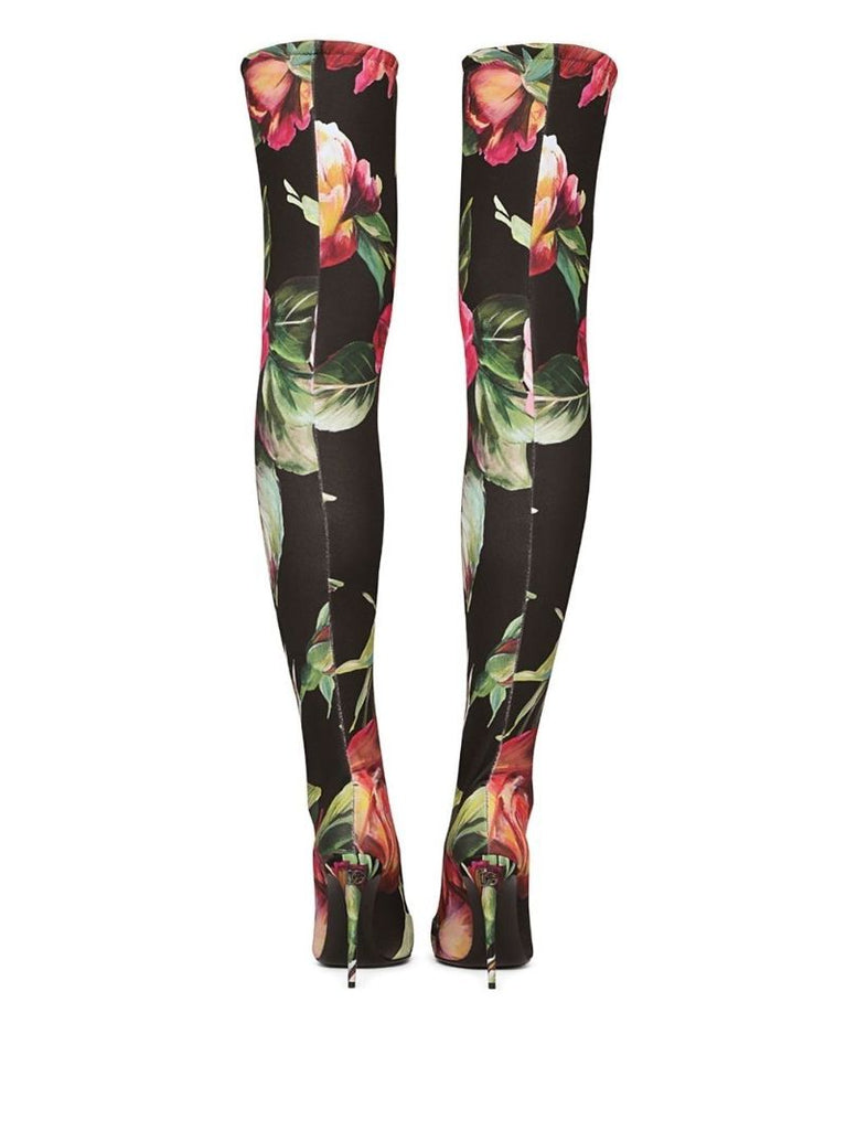 Black Floral Thigh-high Boots