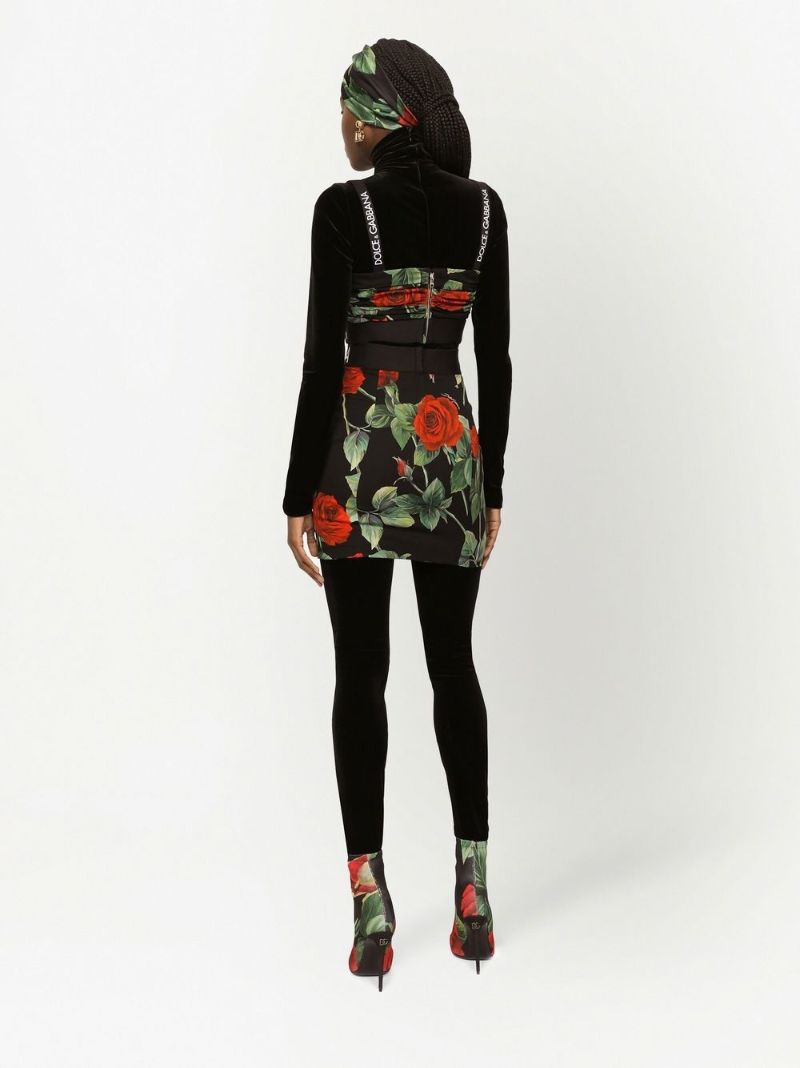 Black Rose Print Silk Mini Skirt