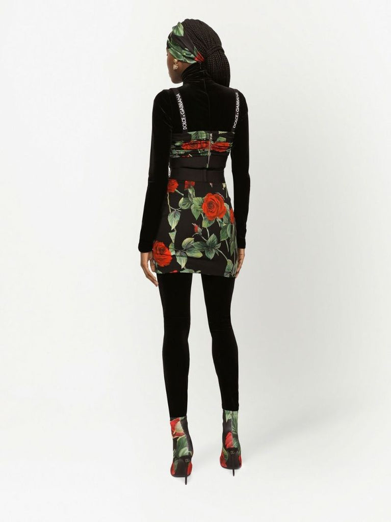Black Rose Print Silk Mini Skirt