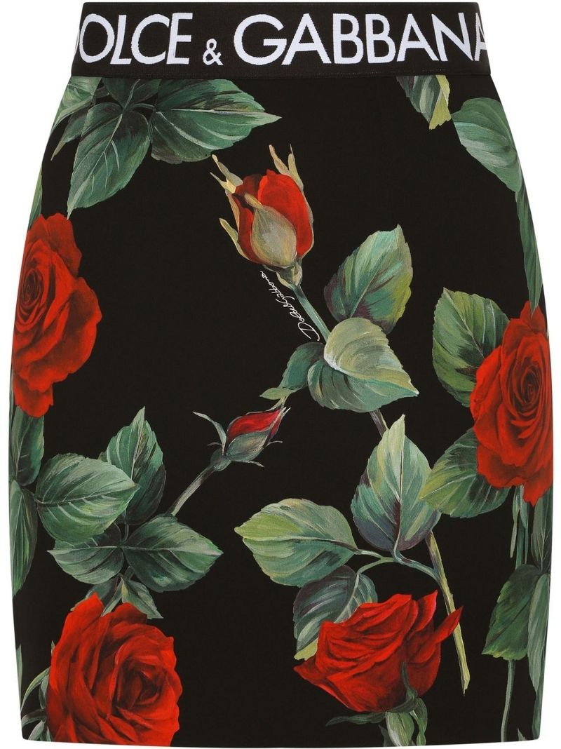 Black Rose Print Silk Mini Skirt