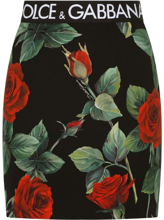 Black Rose Print Silk Mini Skirt