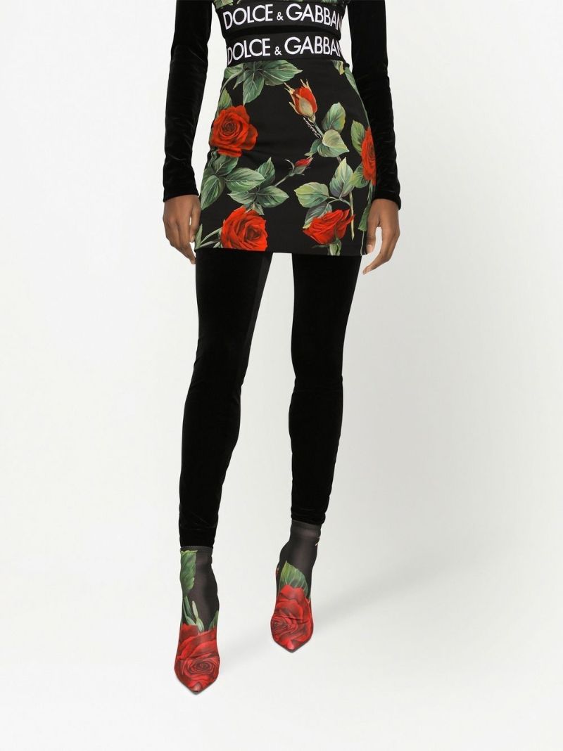 Black Rose Print Silk Mini Skirt