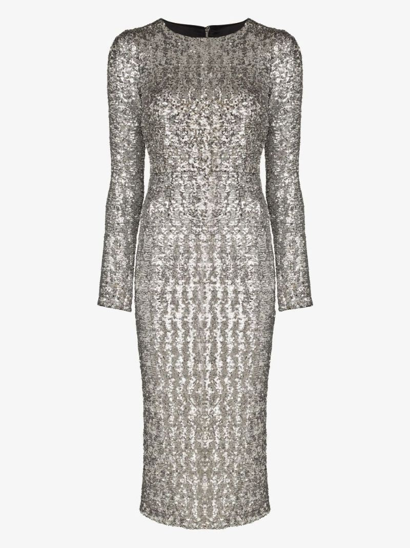 Silver Sequinned Long Sleeve Midi Dress