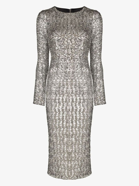 Silver Sequinned Long Sleeve Midi Dress