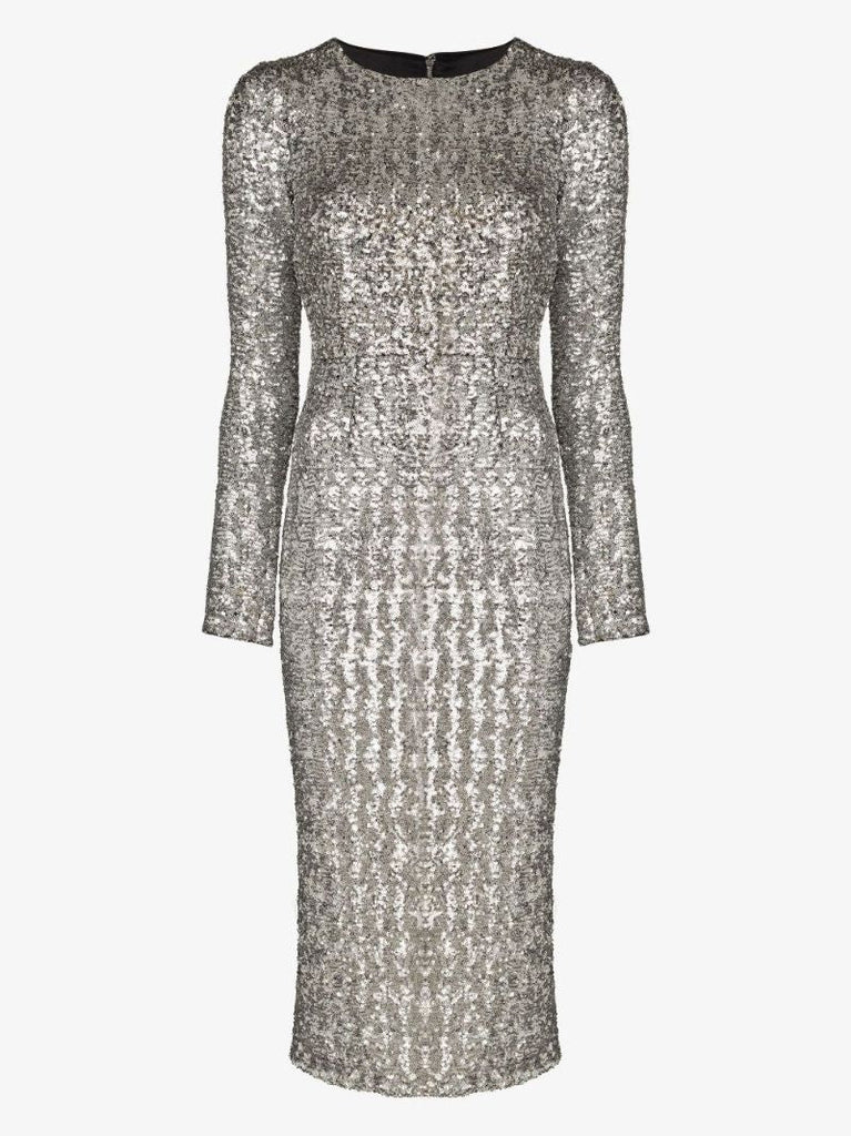 Silver Sequinned Long Sleeve Midi Dress