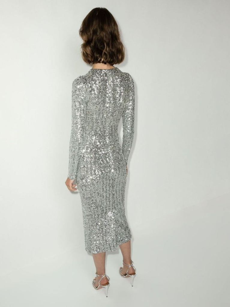Silver Sequinned Long Sleeve Midi Dress