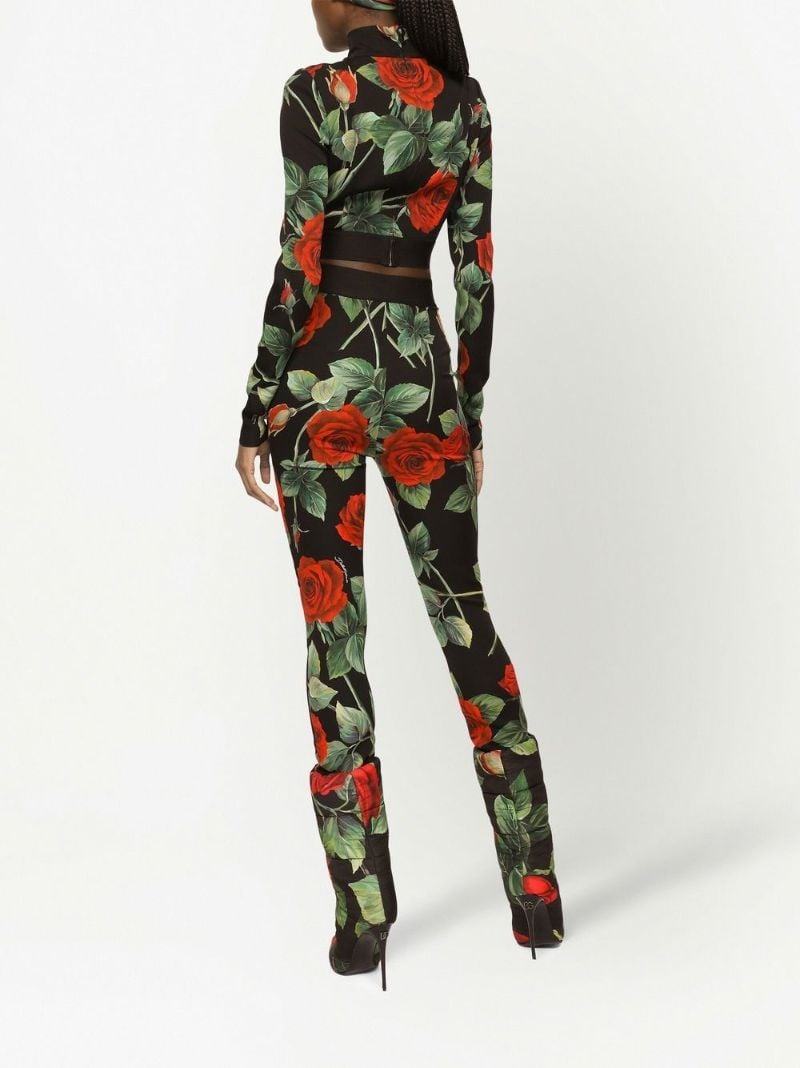 Black Rose Print Silk Turtleneck Crop Top