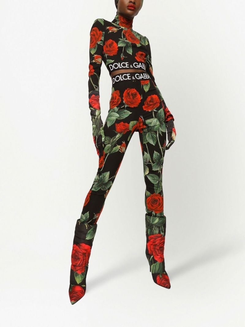 Black Rose Print Silk Turtleneck Crop Top