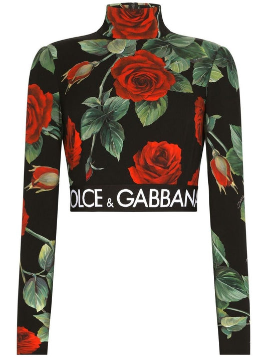 Black Rose Print Silk Turtleneck Crop Top