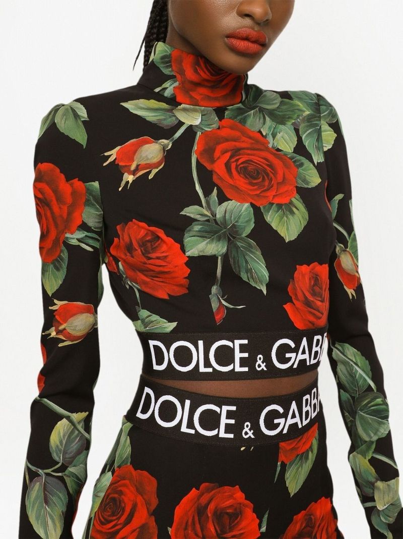 Black Rose Print Silk Turtleneck Crop Top