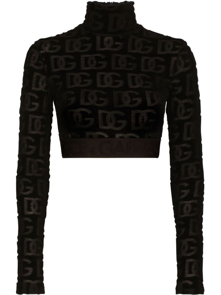 Black Logo Print Roll Neck Crop Top