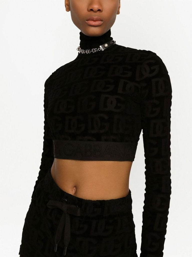 Black Logo Print Roll Neck Crop Top
