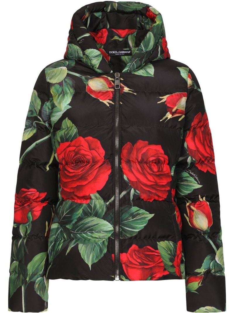 Black Rose Print Puffer Jacket