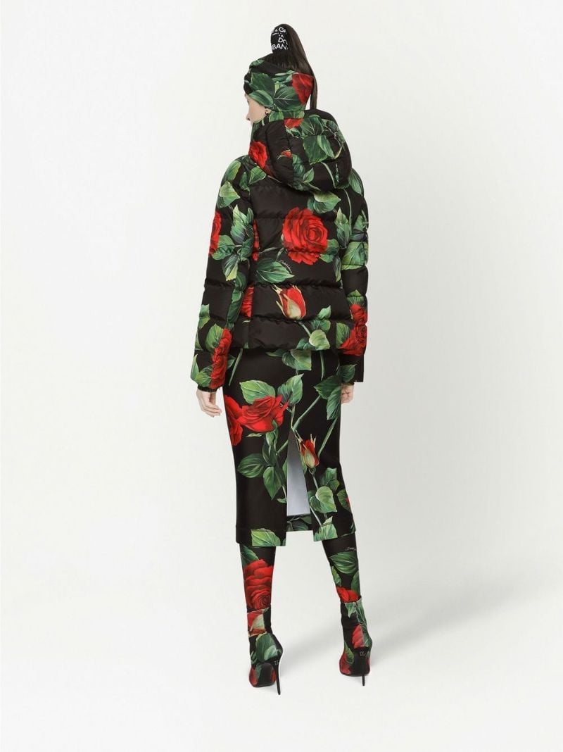 Black Rose Print Puffer Jacket