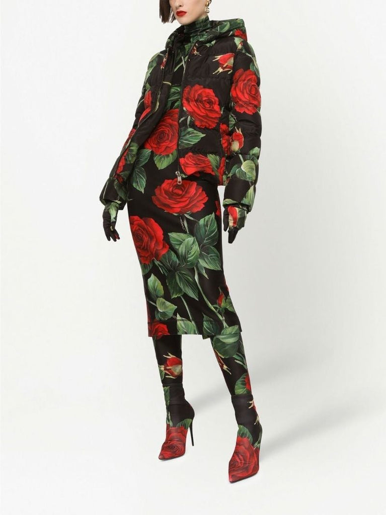 Black Rose Print Puffer Jacket