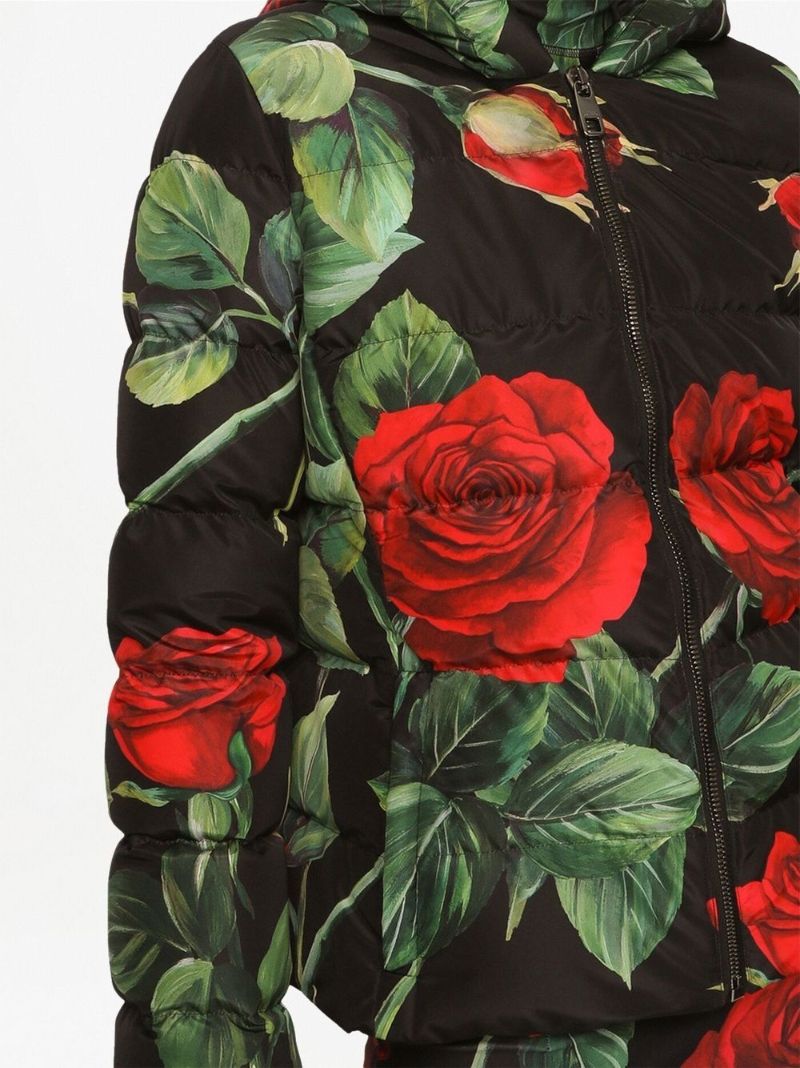 Black Rose Print Puffer Jacket