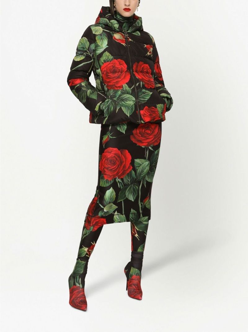 Black Rose Print Puffer Jacket