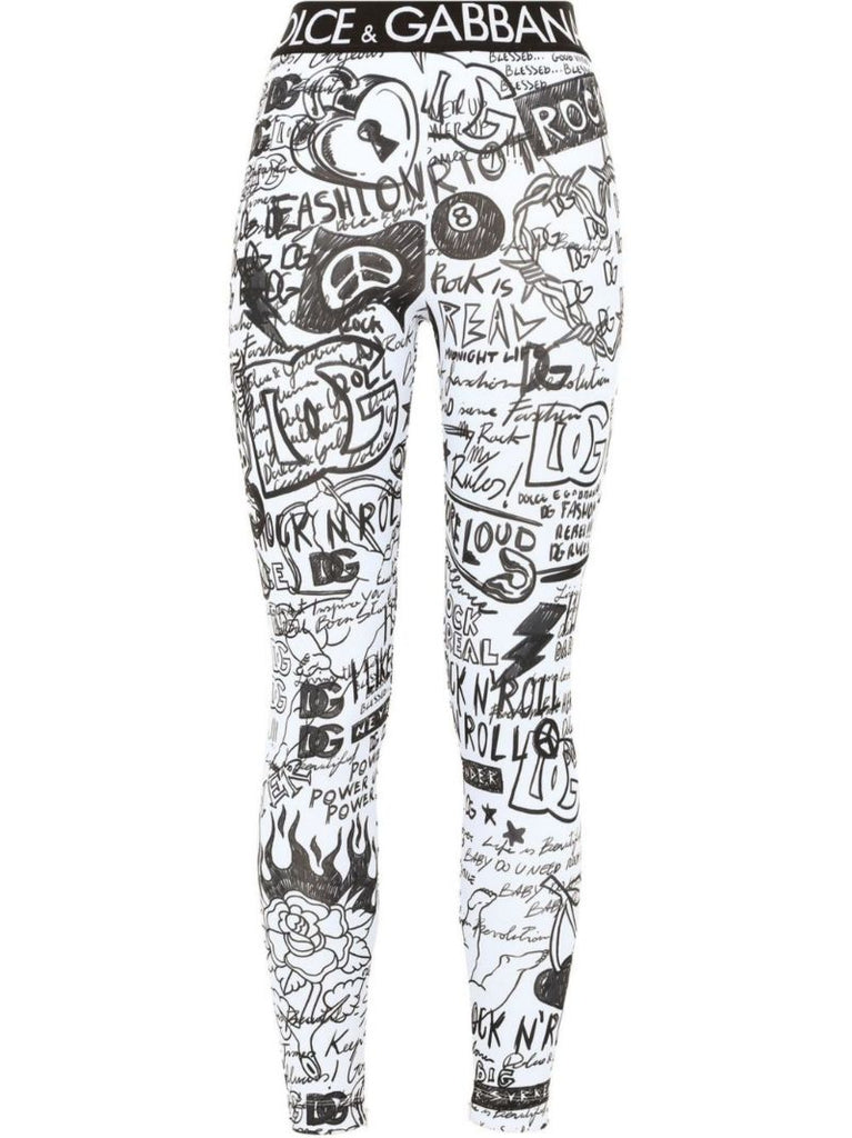 White Graffiti Print Leggings
