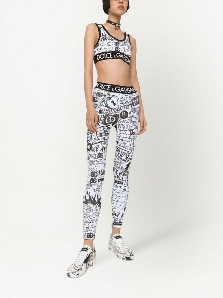 White Graffiti Print Leggings