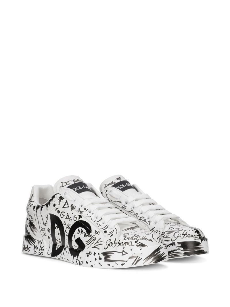 White Dg Logo Print Leather Sneakers