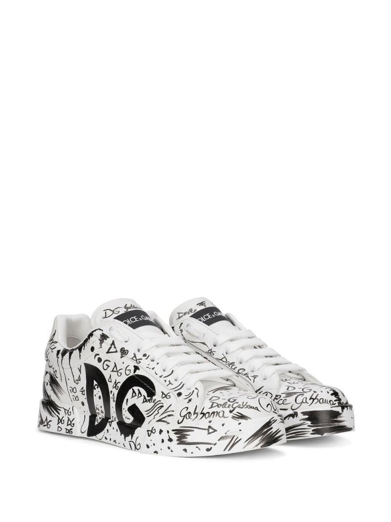 White Dg Logo Print Leather Sneakers
