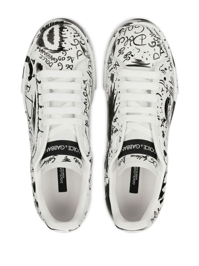 White Dg Logo Print Leather Sneakers