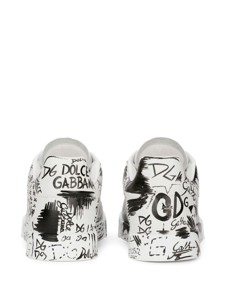 White Dg Logo Print Leather Sneakers