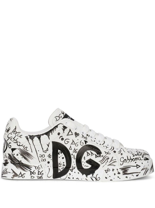 White Dg Logo Print Leather Sneakers