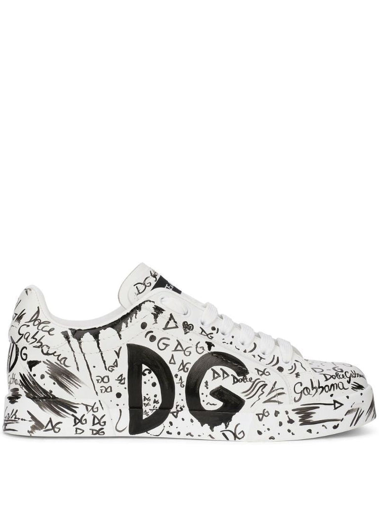 White Dg Logo Print Leather Sneakers