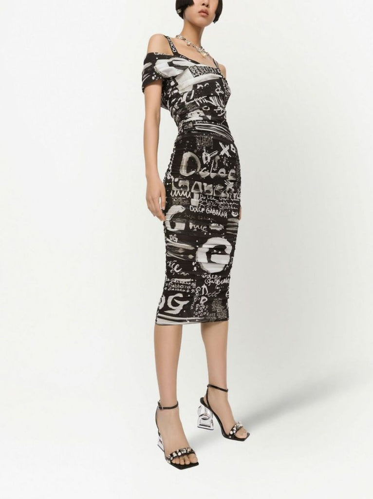 Black Graffiti Print Midi Dress